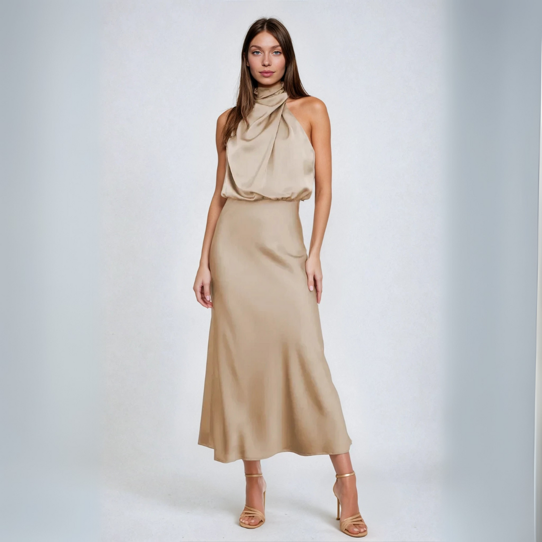 Nora | Lang satin kjole med halterneck