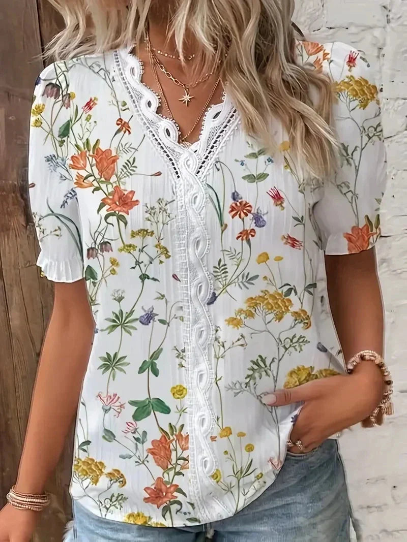 Nora  | Blomster Blonde V-Hals Bluse