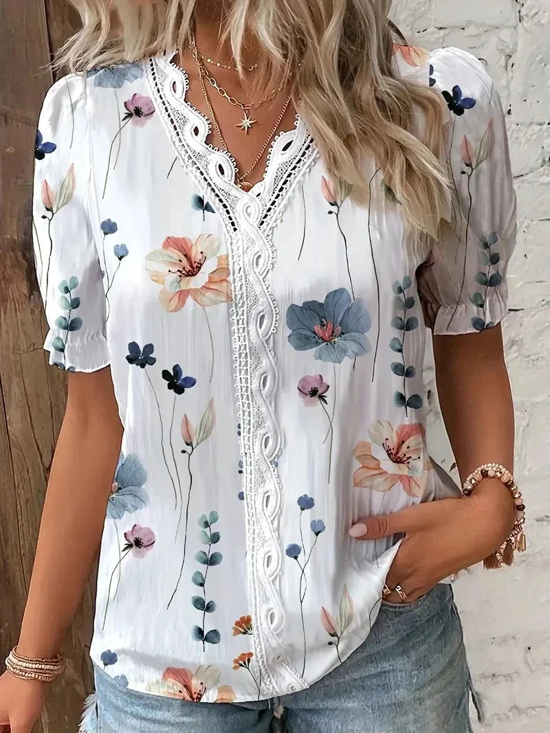 Nora  | Blomster Blonde V-Hals Bluse