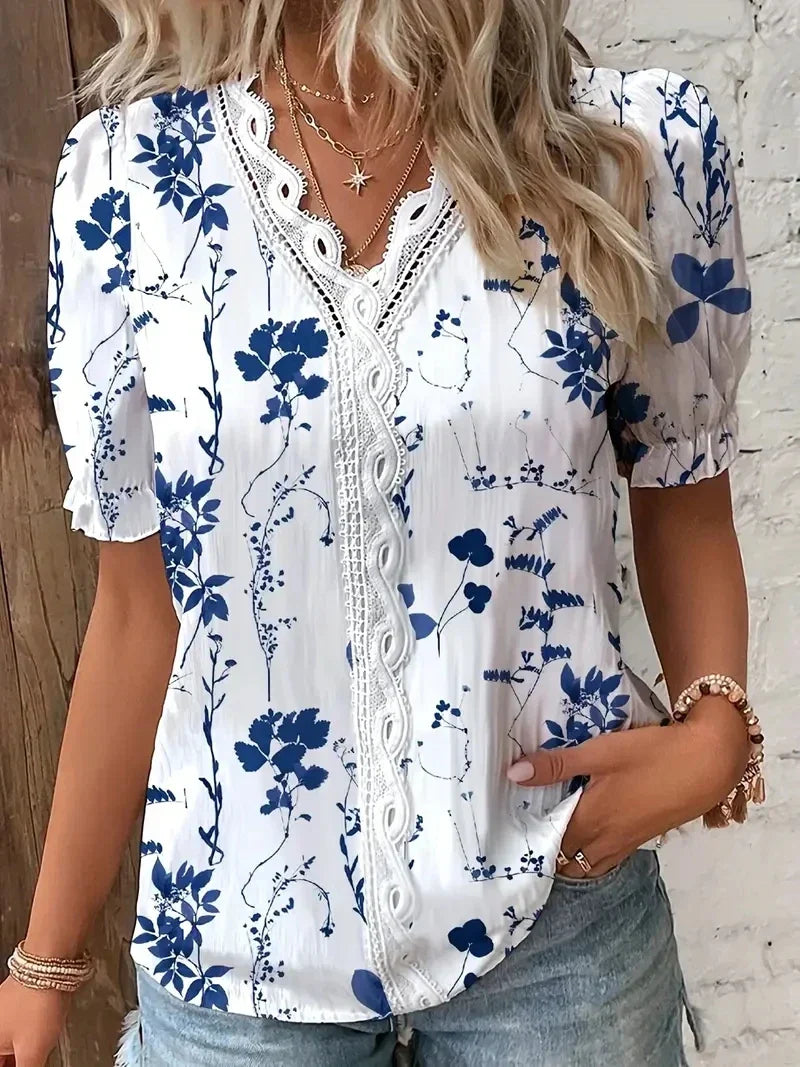 Nora  | Blomster Blonde V-Hals Bluse