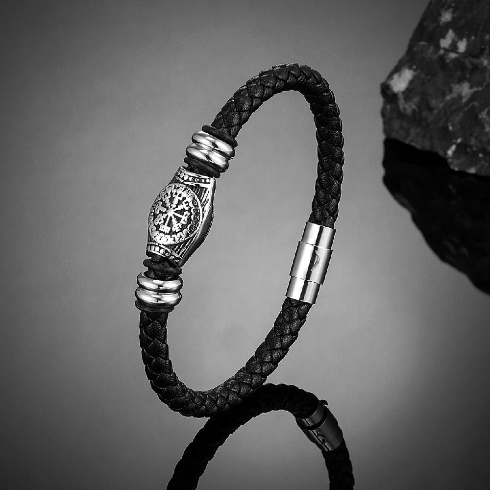 Viking Compass sort flettet læderarmbånd