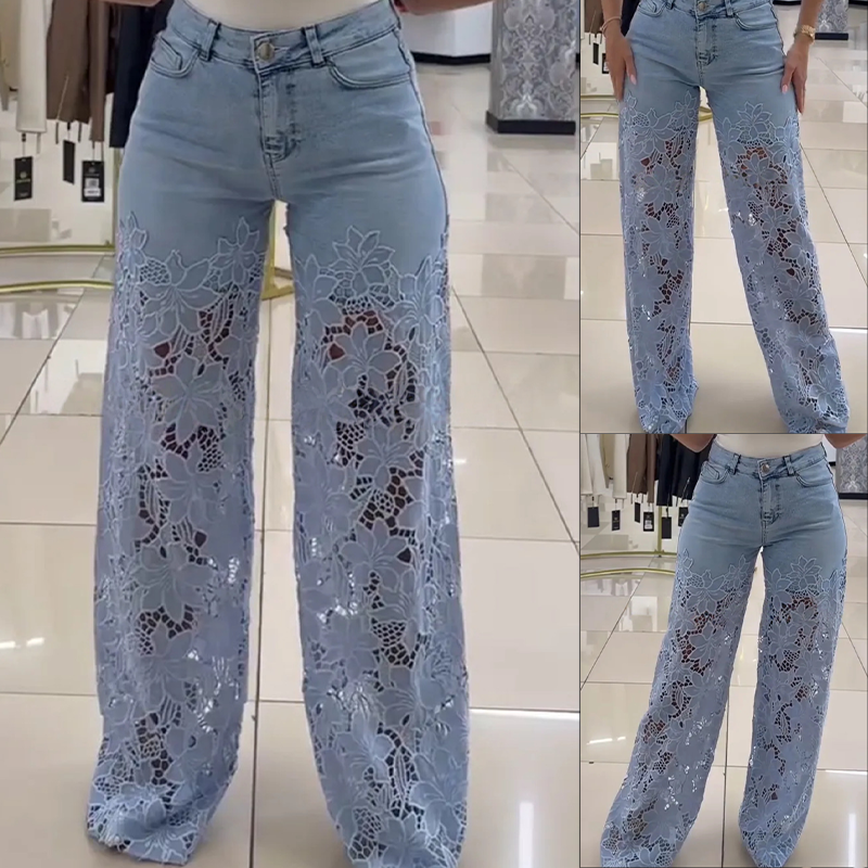 Patchwork-jeans i denim med moderigtige blonder