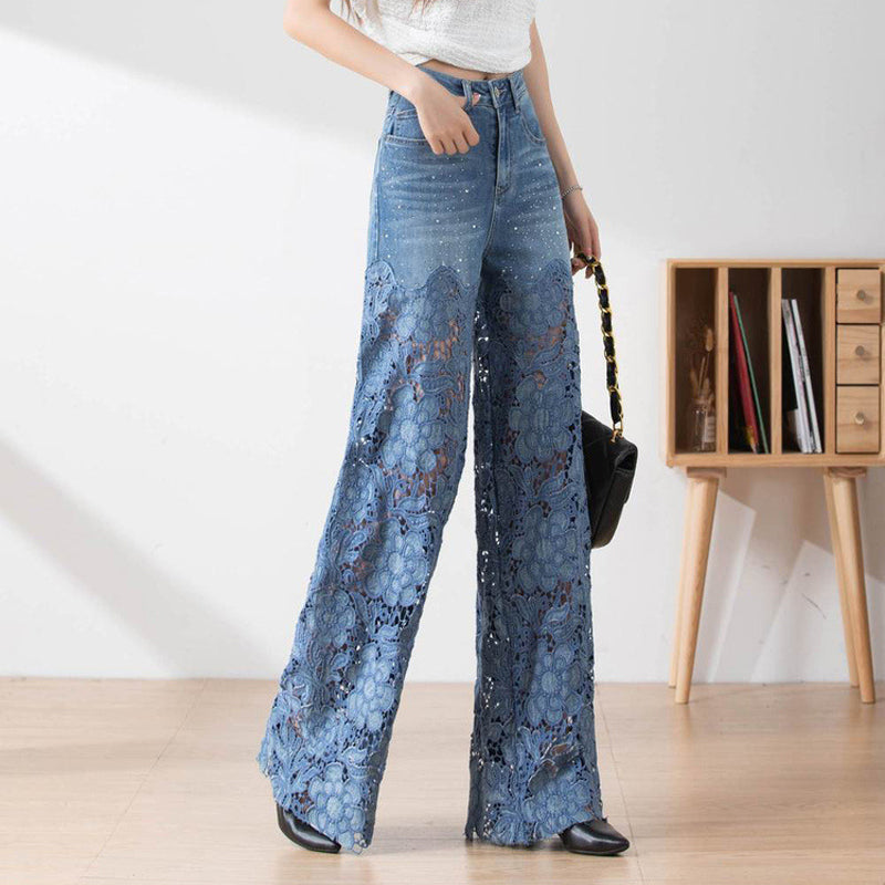 Højtaljede denimjeans med patchwork til kvinder