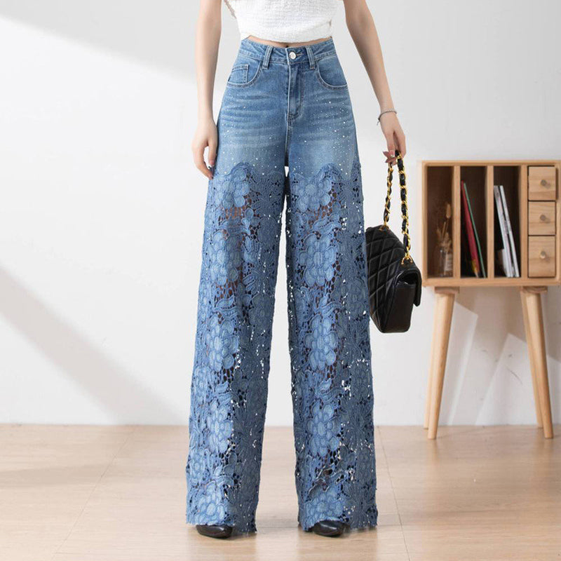 Højtaljede denimjeans med patchwork til kvinder