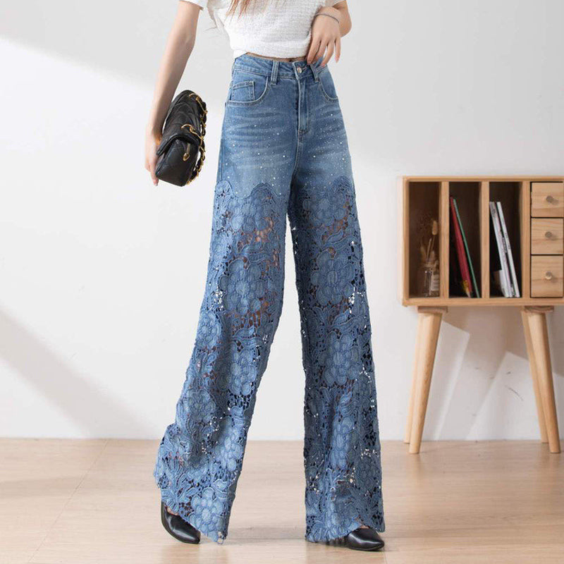 Højtaljede denimjeans med patchwork til kvinder