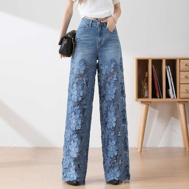 Højtaljede denimjeans med patchwork til kvinder