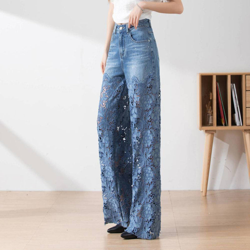 Højtaljede denimjeans med patchwork til kvinder