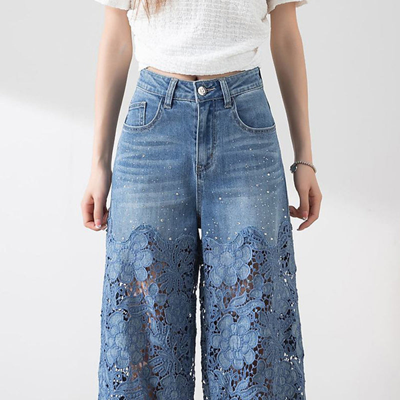 Højtaljede denimjeans med patchwork til kvinder