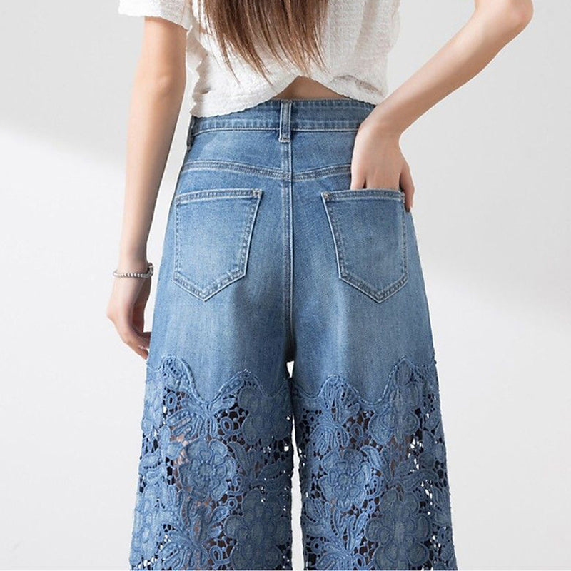 Højtaljede denimjeans med patchwork til kvinder
