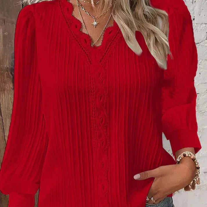 Nora | Bluse Med Blondedetaljer i Chiffon